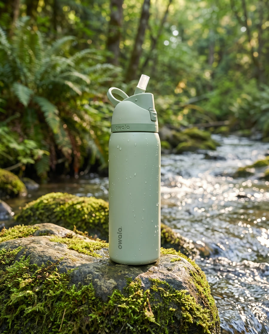 AI visual Owala — FreeSip bottle in a nature scene