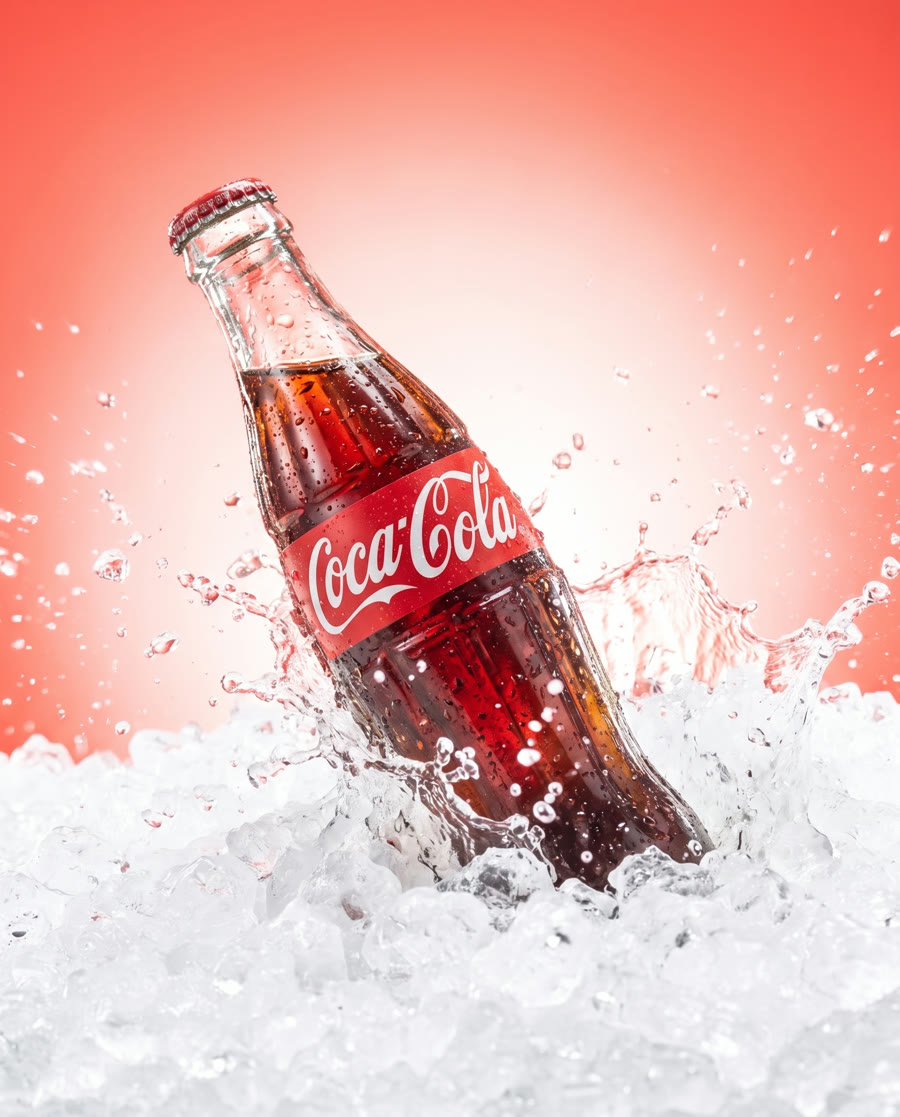 AI visual Coca-Cola — bottle in ice, bright composition