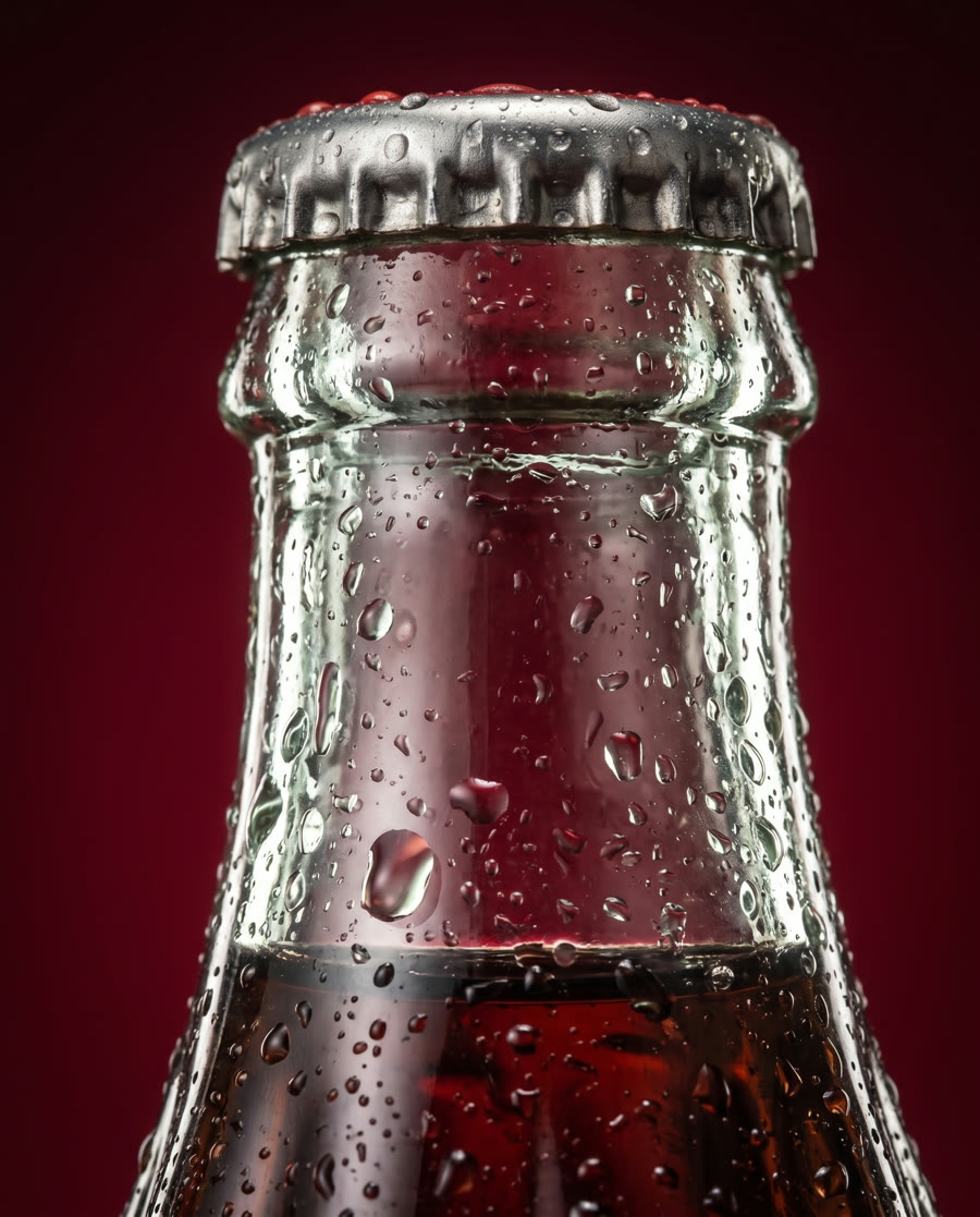 AI visual Coca-Cola — bottle close-up with droplets, campaign variant