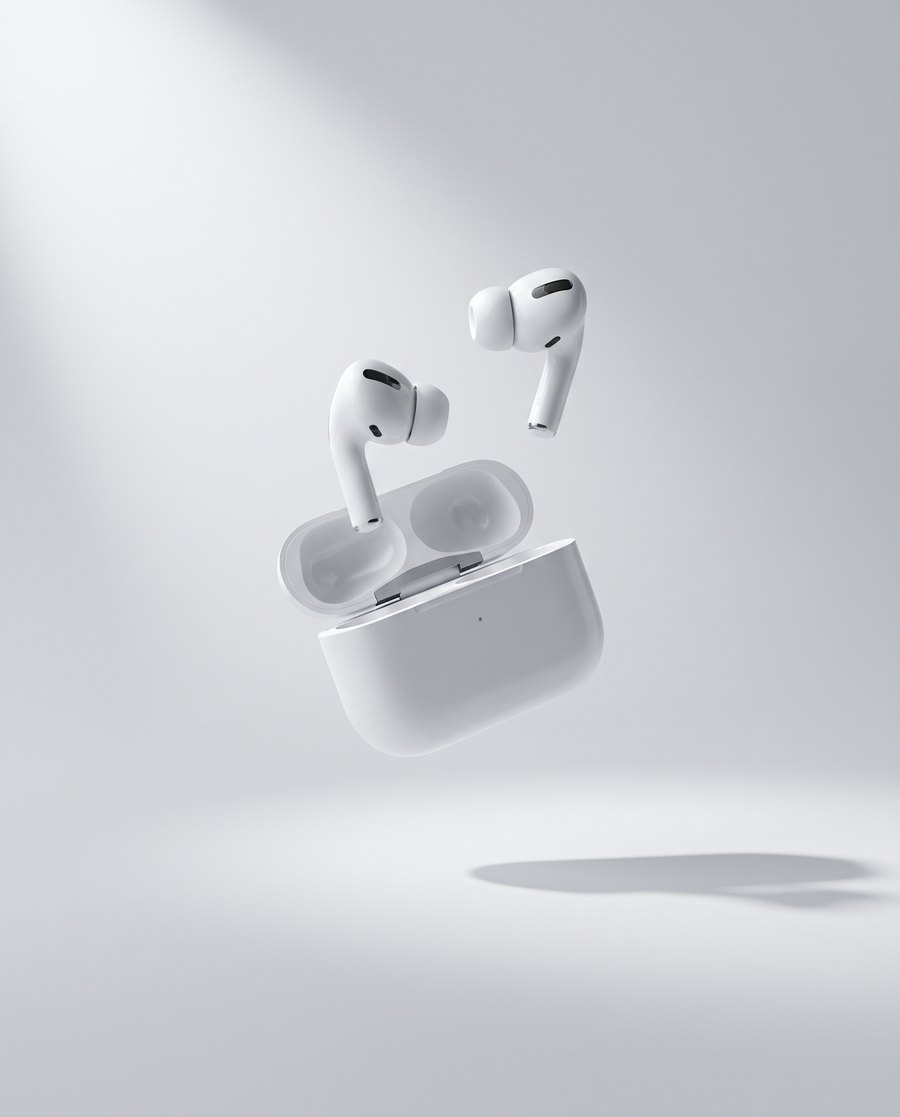 AI produktový vizuál — Apple AirPods Pro, minimalistický tech styl