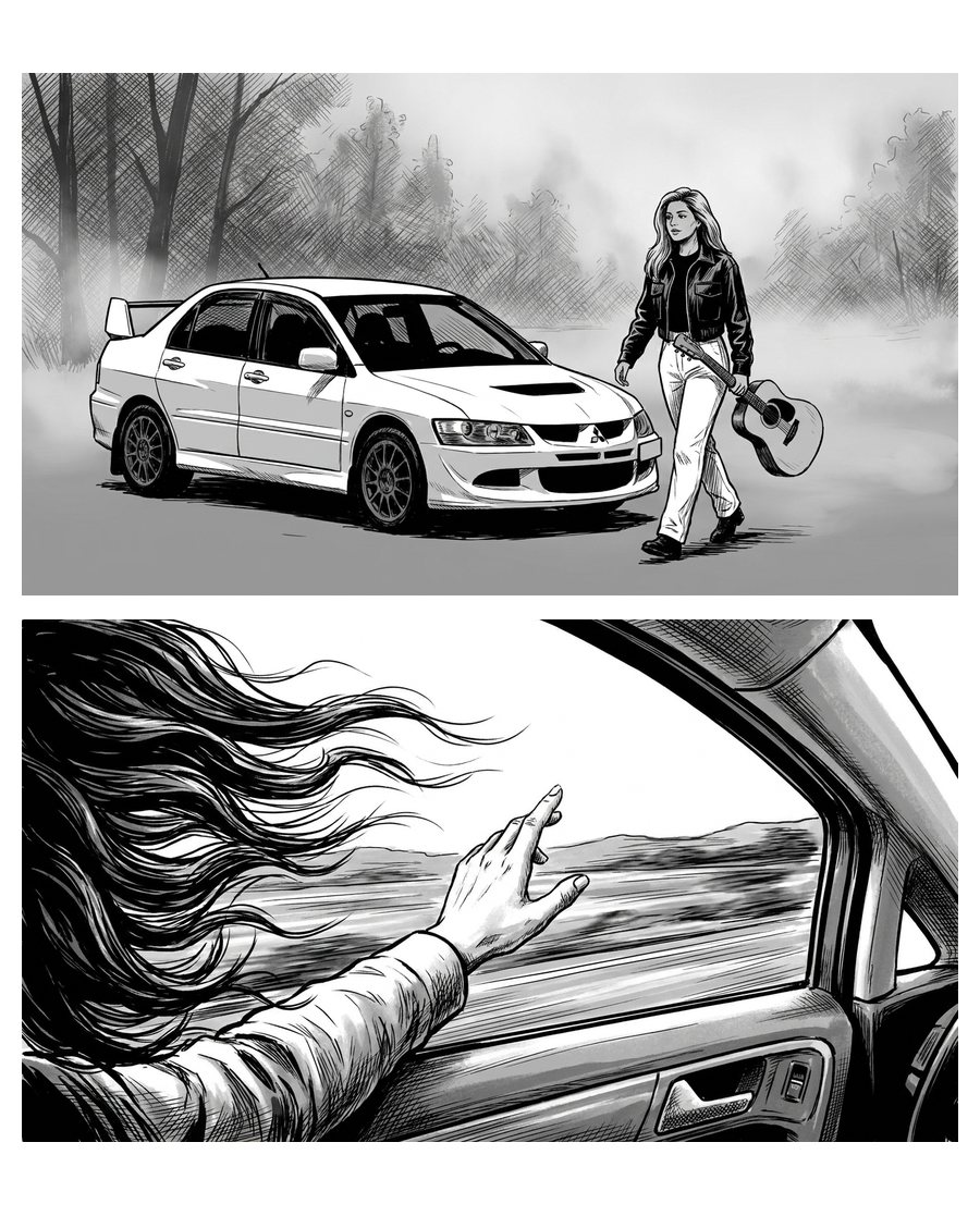 AI storyboard for a music video — figure with a guitar by a car and a driving shot, drawn frames