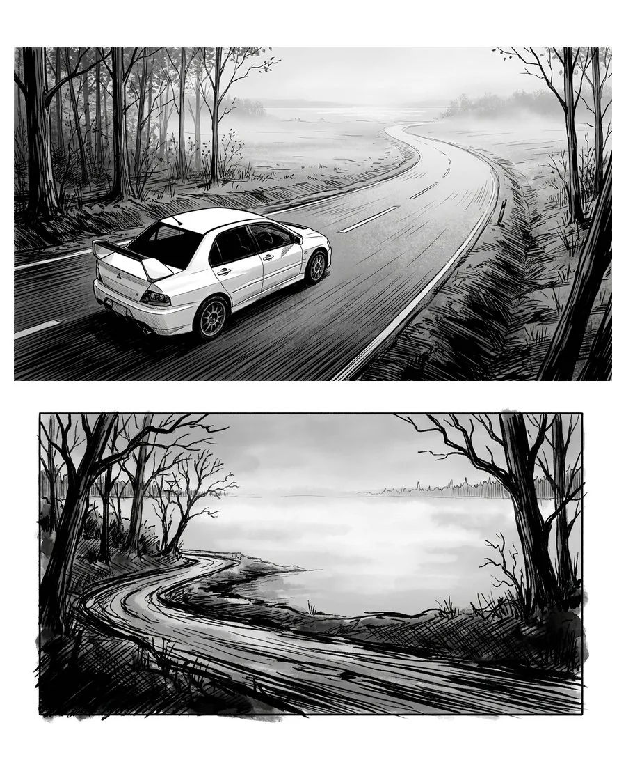 AI storyboard — kreslené záběry: auto na silnici a cesta k jezeru